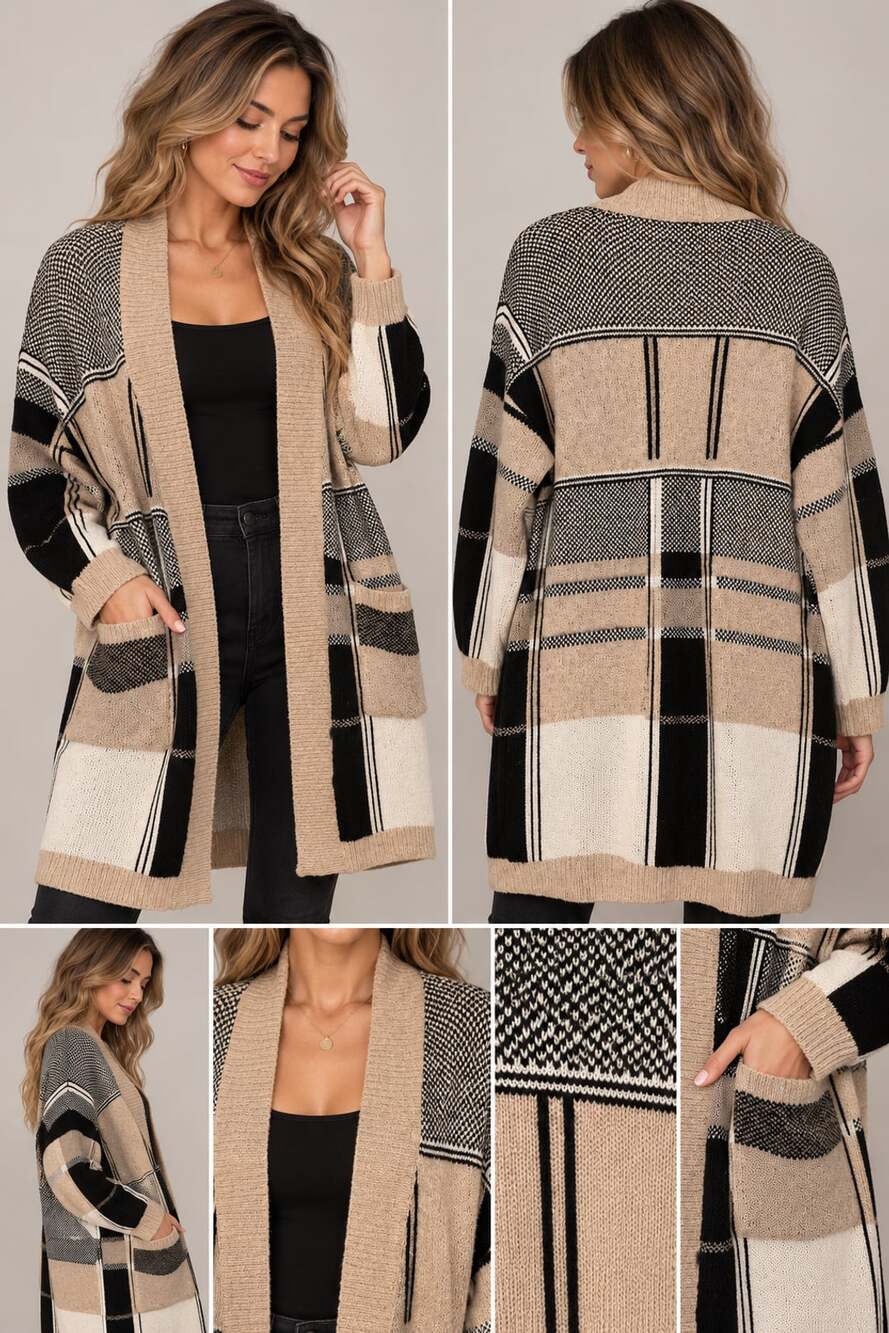 Doe & Rae Women's Beige Black White Plaid Colorblock Open Front Cardigan Sweater